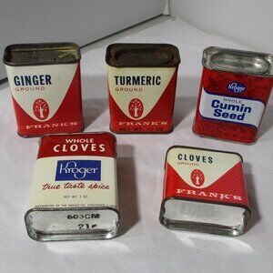 Lot of 5 Vintage OLD Metal Spice Kroger Franks Cans Tins